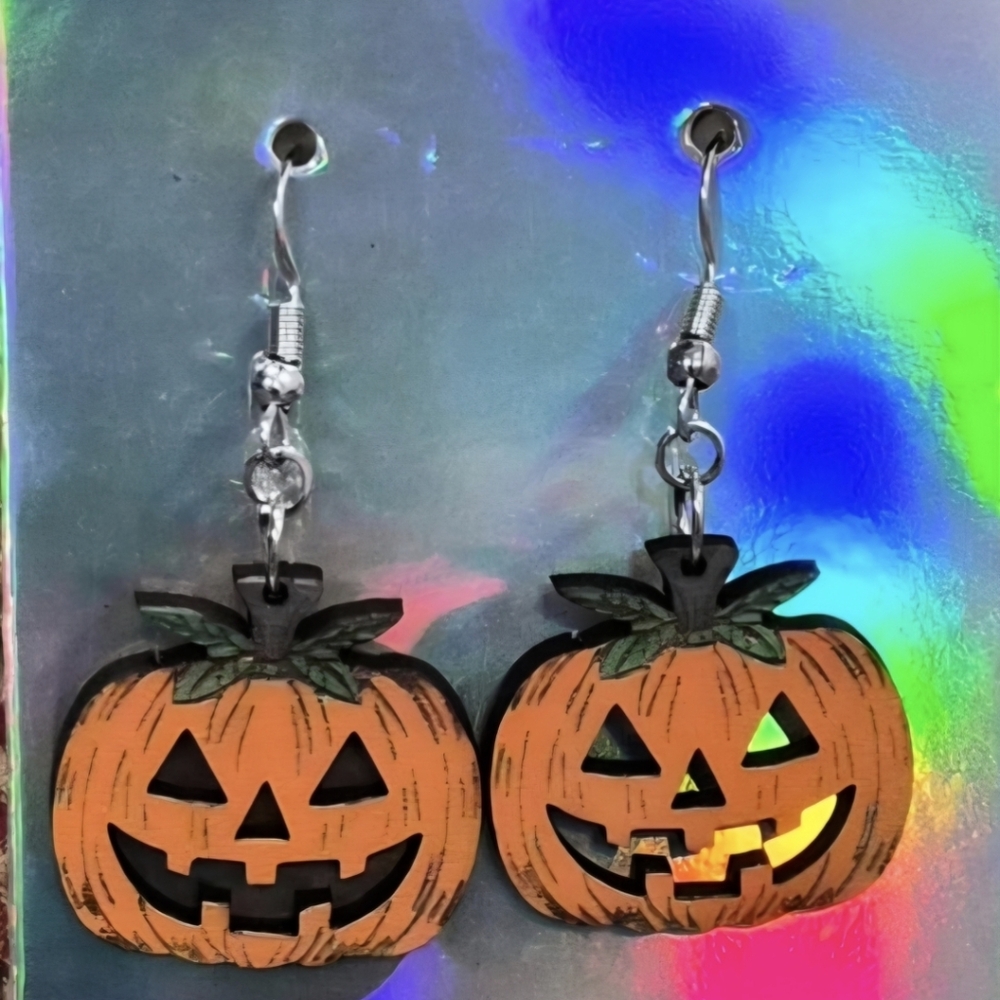 Handmade Pumpkin Jack O Lantern Wood Dangle Earrings Lightweight